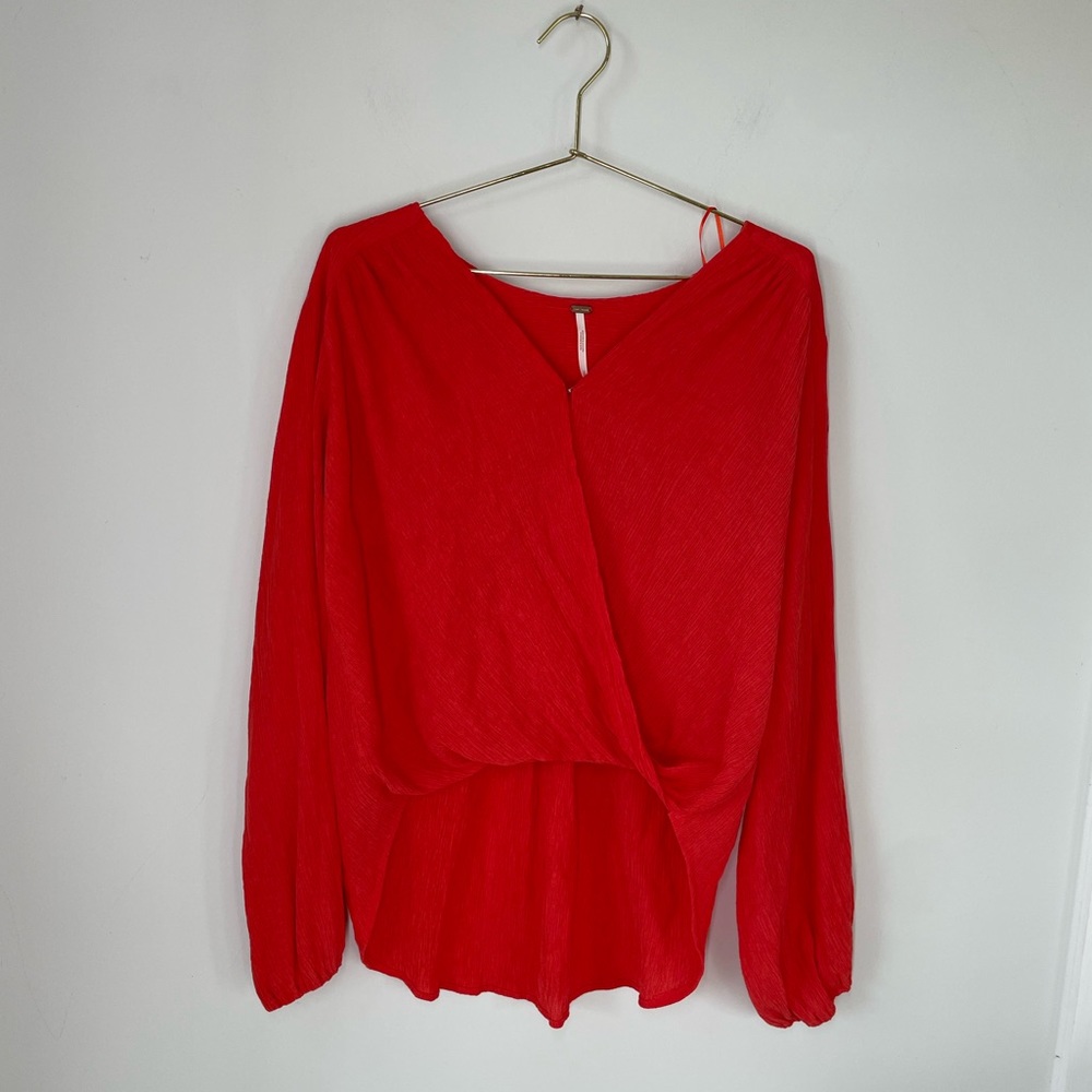 Free People S Red Gauzy Wrap Check On It Blouse Top - Picture 2 of 12